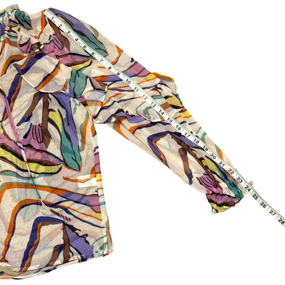 THML Abstract Multicolor Sheer Ruffle Blouse Tie Neck Long Sleeve Women’s Small - Picture 8 of 8